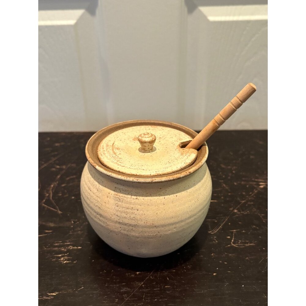 Handcrafted Ceramic Art Pottery Honey Pot Lid & Wooden Dipper Speckled Signed